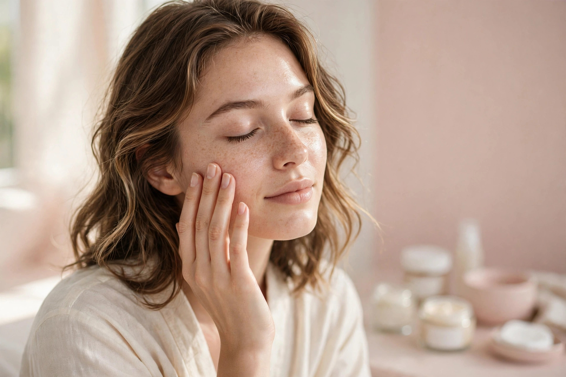 Young woman with glowing skin gently applying face cream in soft natural light
