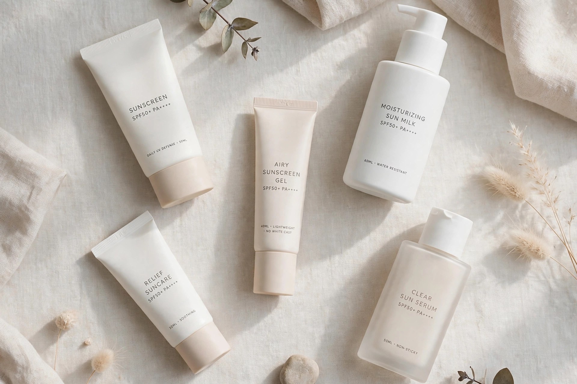 Minimalist Korean sunscreen tubes and bottles arranged on a light background